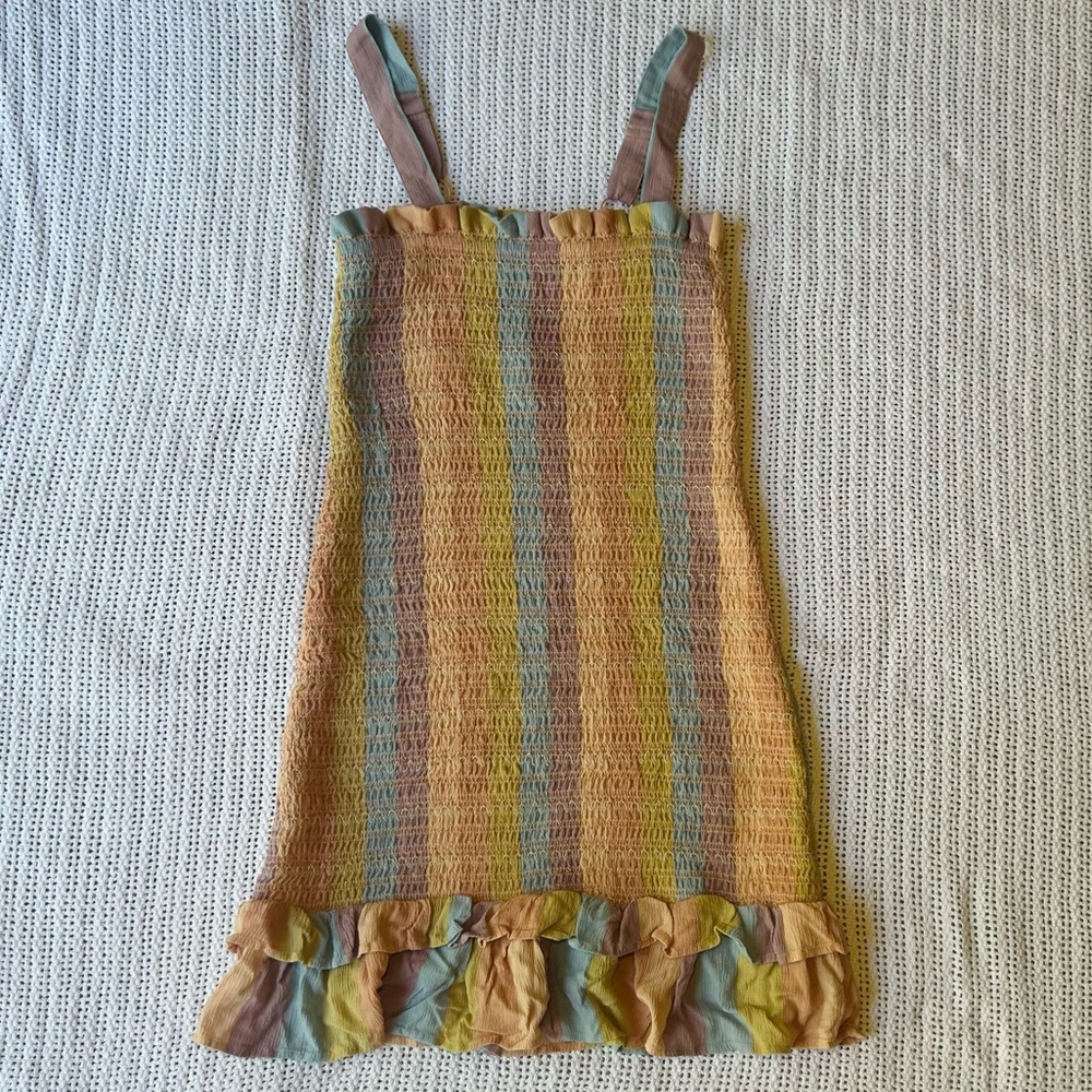 American Eagle Outfitters Pastel Striped Smocked Ruffle Mini Dress